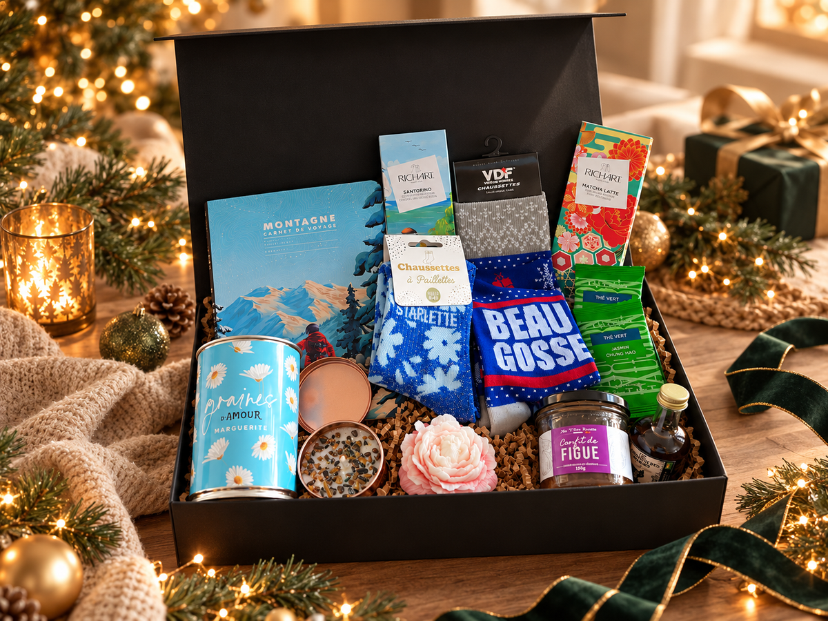 Coffret cadeau de Noël ouvert avec carnet, chaussettes, thé, gourmandises et petites attentions dans une ambiance festive.