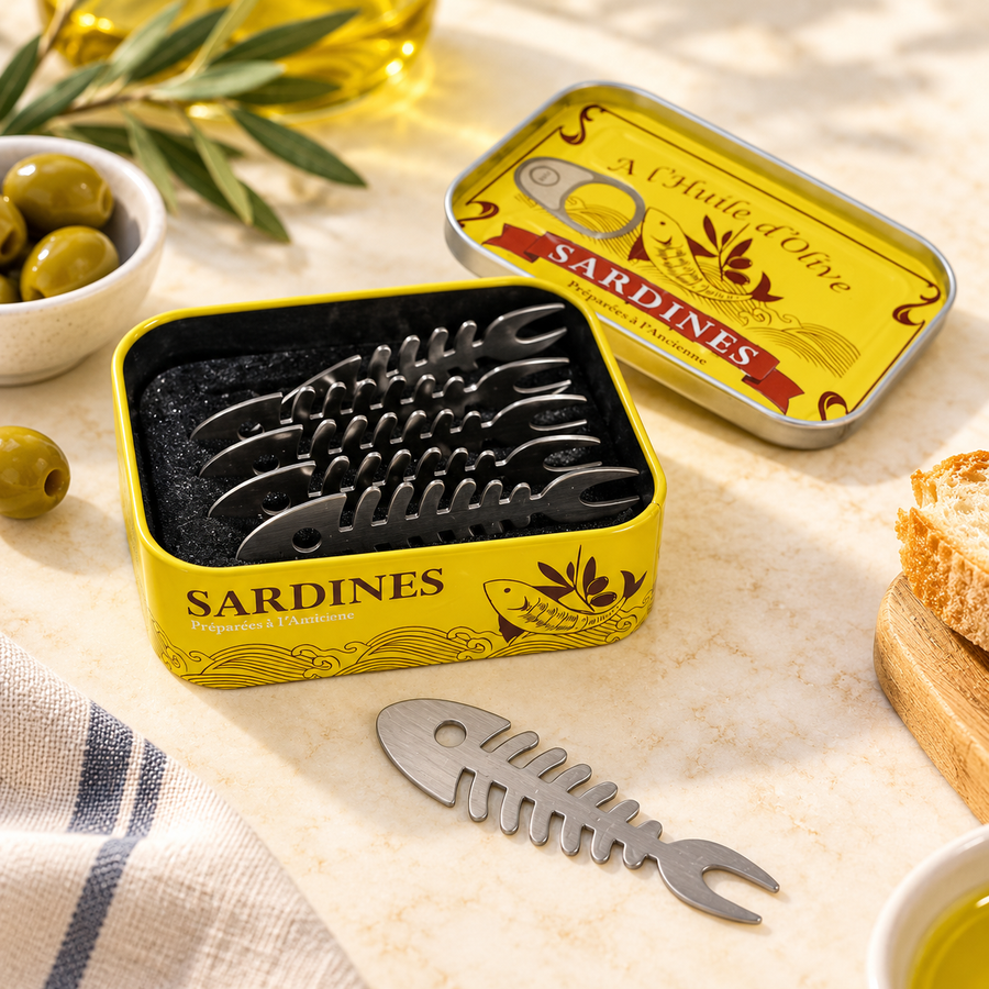 Six fourchettes apéritif en acier inoxydable dans une boîte à sardines vintage