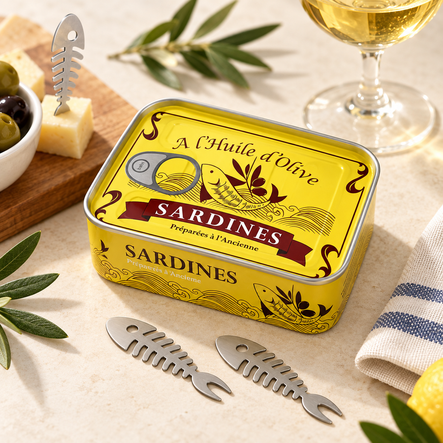 Fourchettes apéritif originales en forme de sardine avec boîte décorée