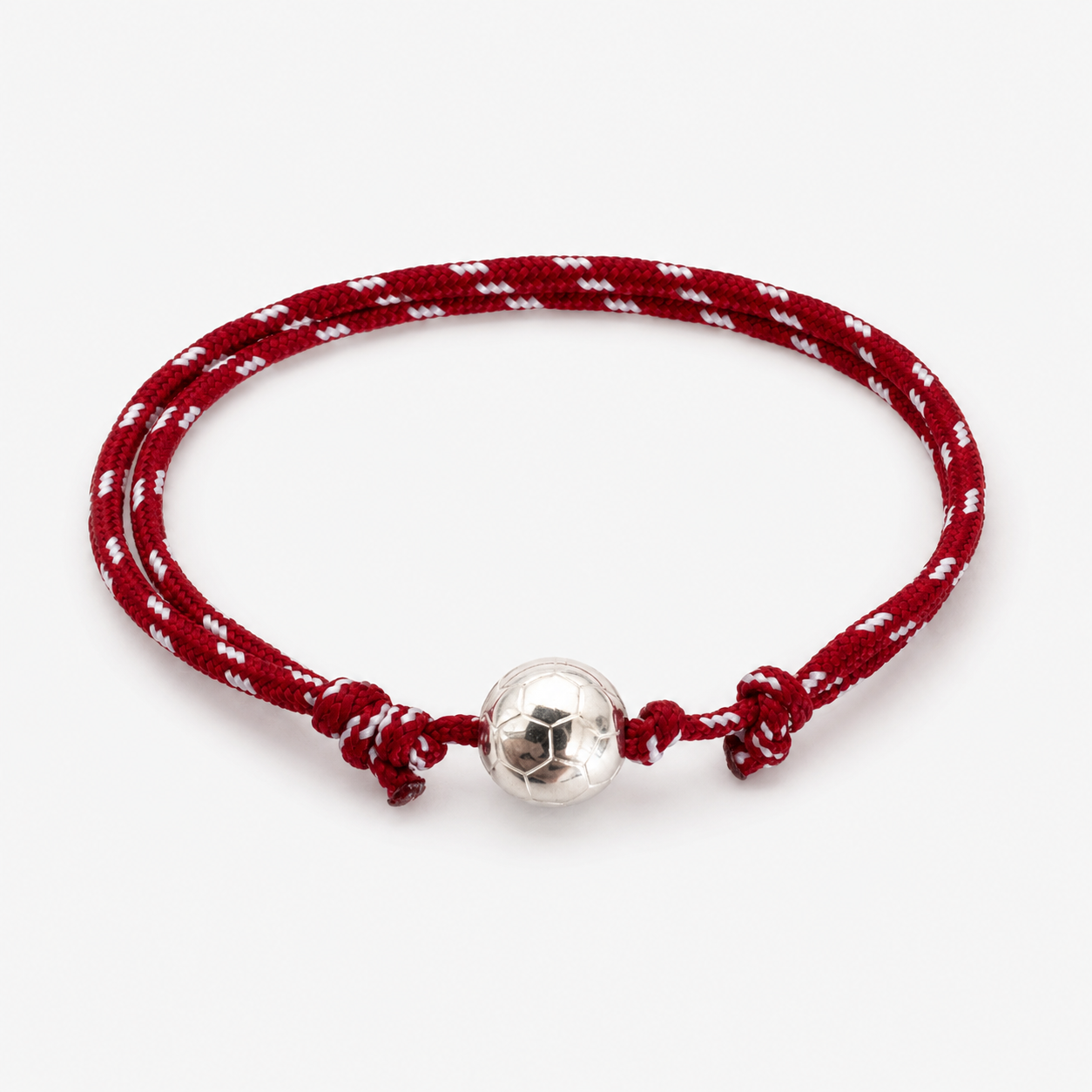 Bracelet football en cordon rouge et blanc avec ballon argenté