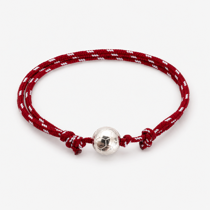 Bracelet football en cordon rouge et blanc avec ballon argenté