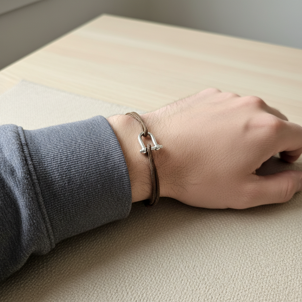 Bracelet en paracorde marron porté au poignet d’un homme