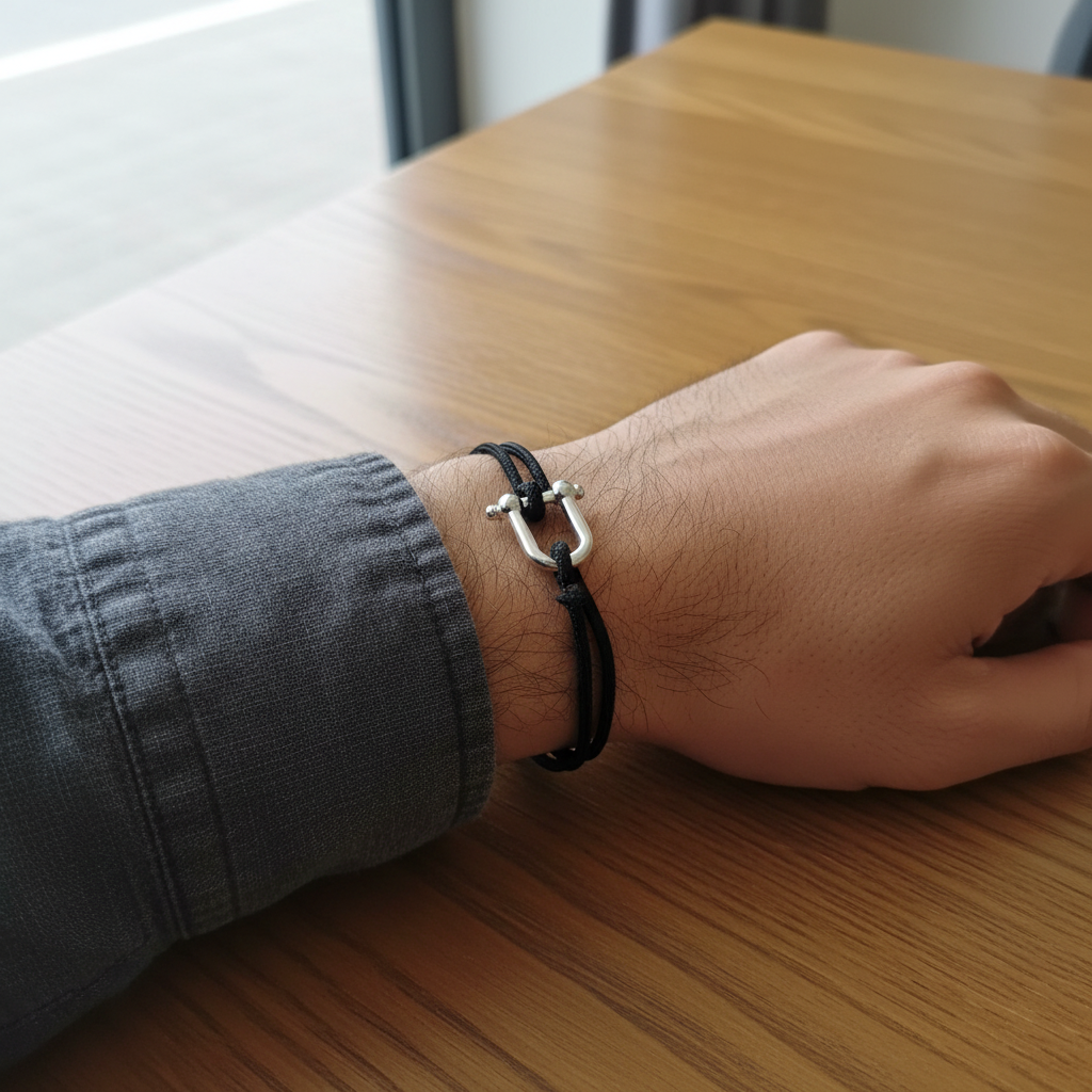 Bracelet en paracorde noir porté au poignet d’un homme