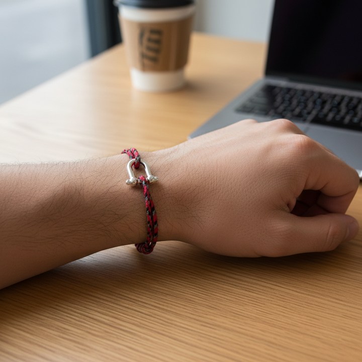 Bracelet en paracorde rouge et noir porté au poignet d’un homme