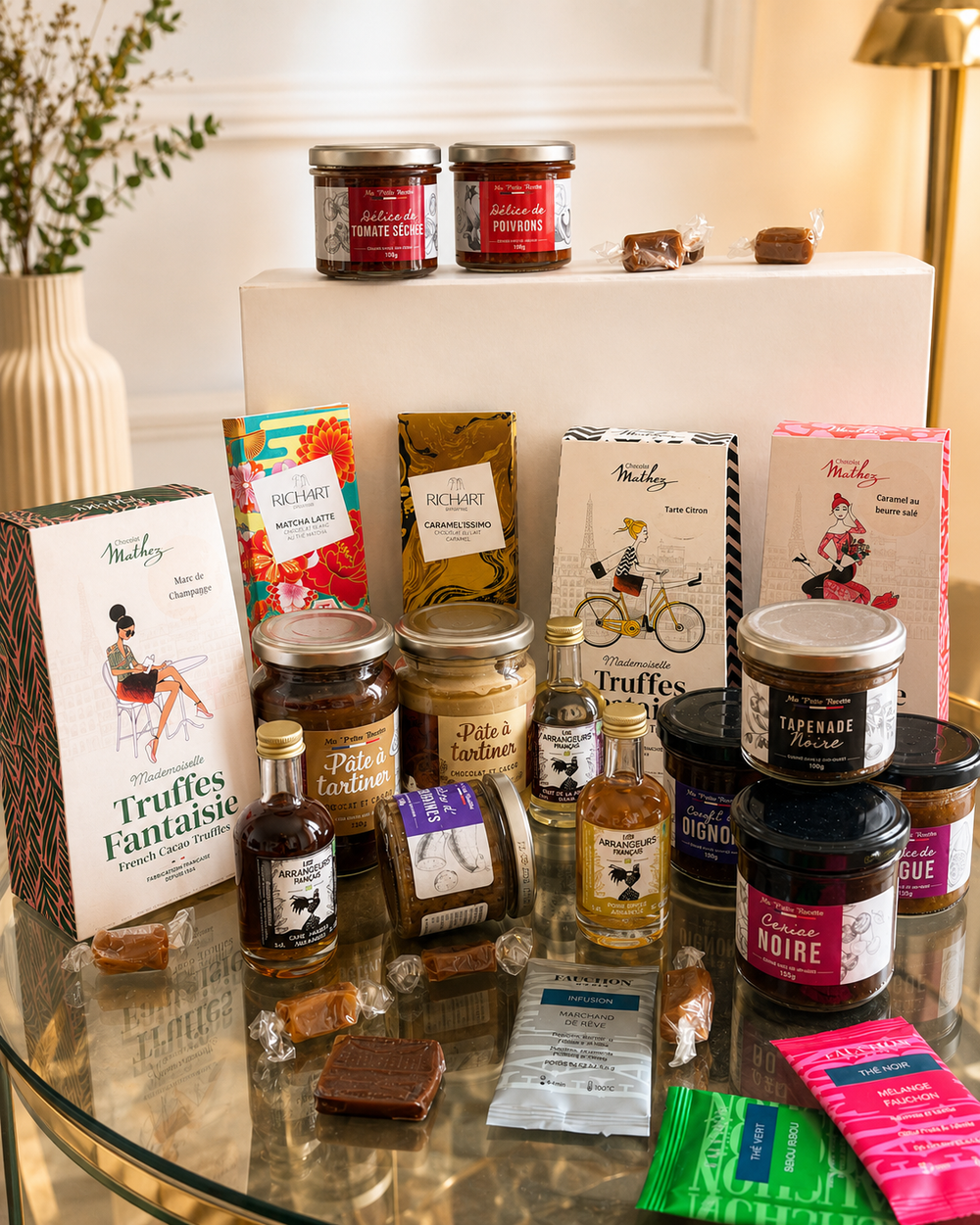 Coffret gourmand à composer avec chocolats, truffes, tartinables, douceurs sucrées et infusions, présenté sur une table en verre dans une ambiance élégante.