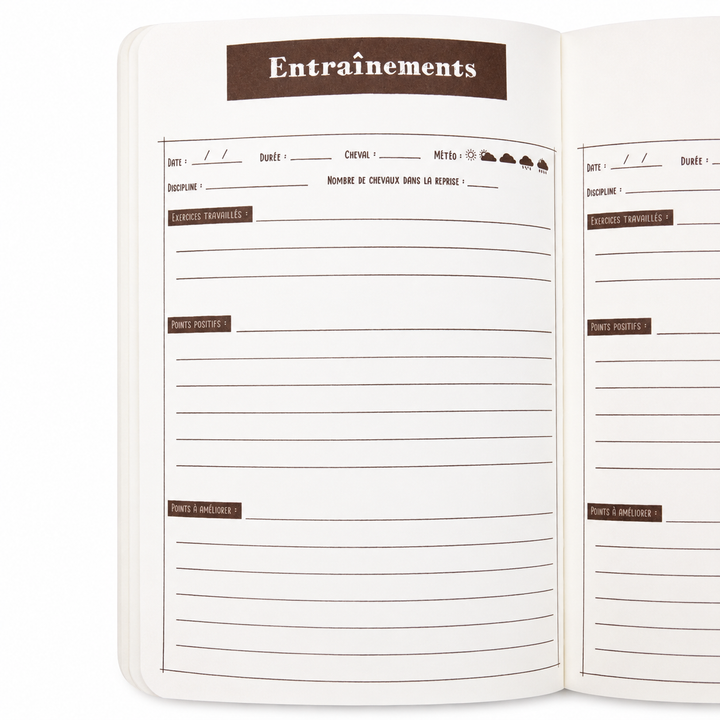 Carnet d’aventure équestre ouvert avec aperçu des pages intérieures
