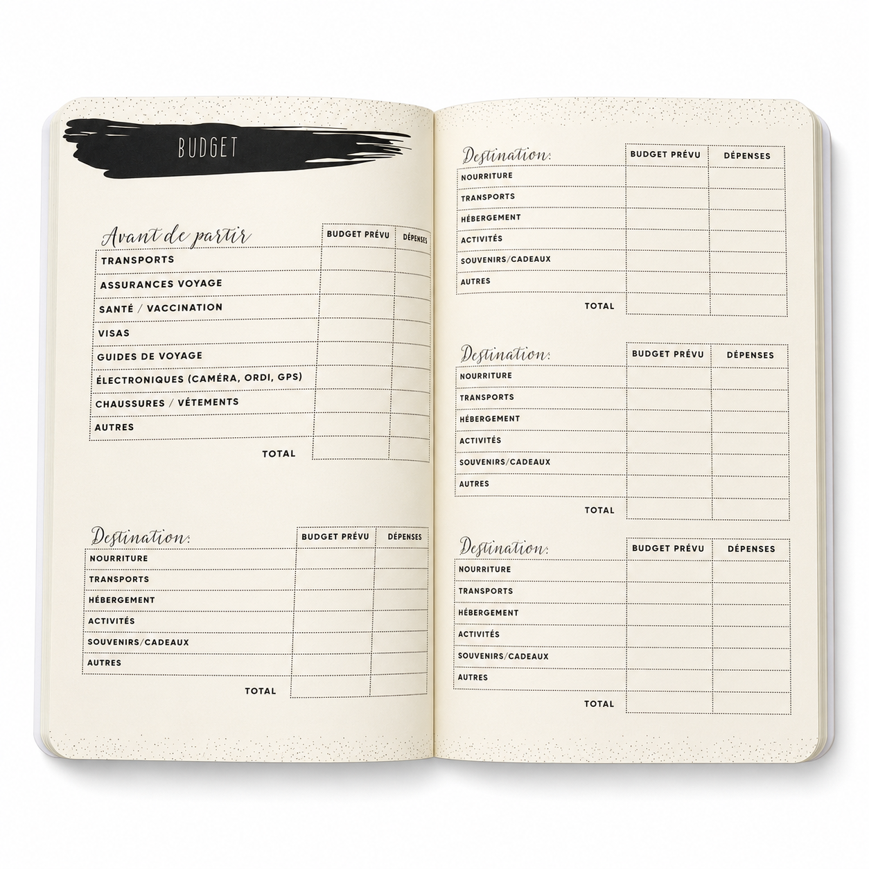 Carnet de voyage ouvert avec aperçu des pages à compléter