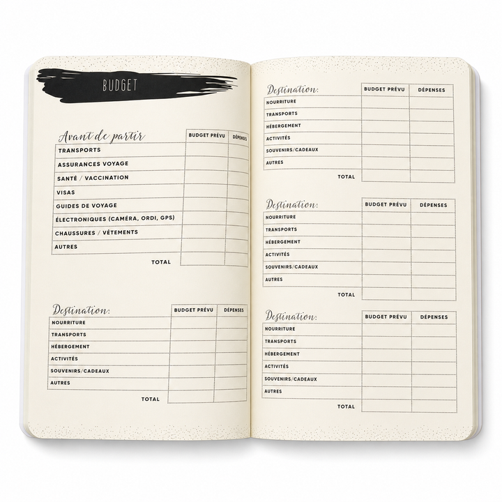 Carnet de voyage ouvert avec aperçu des pages à compléter