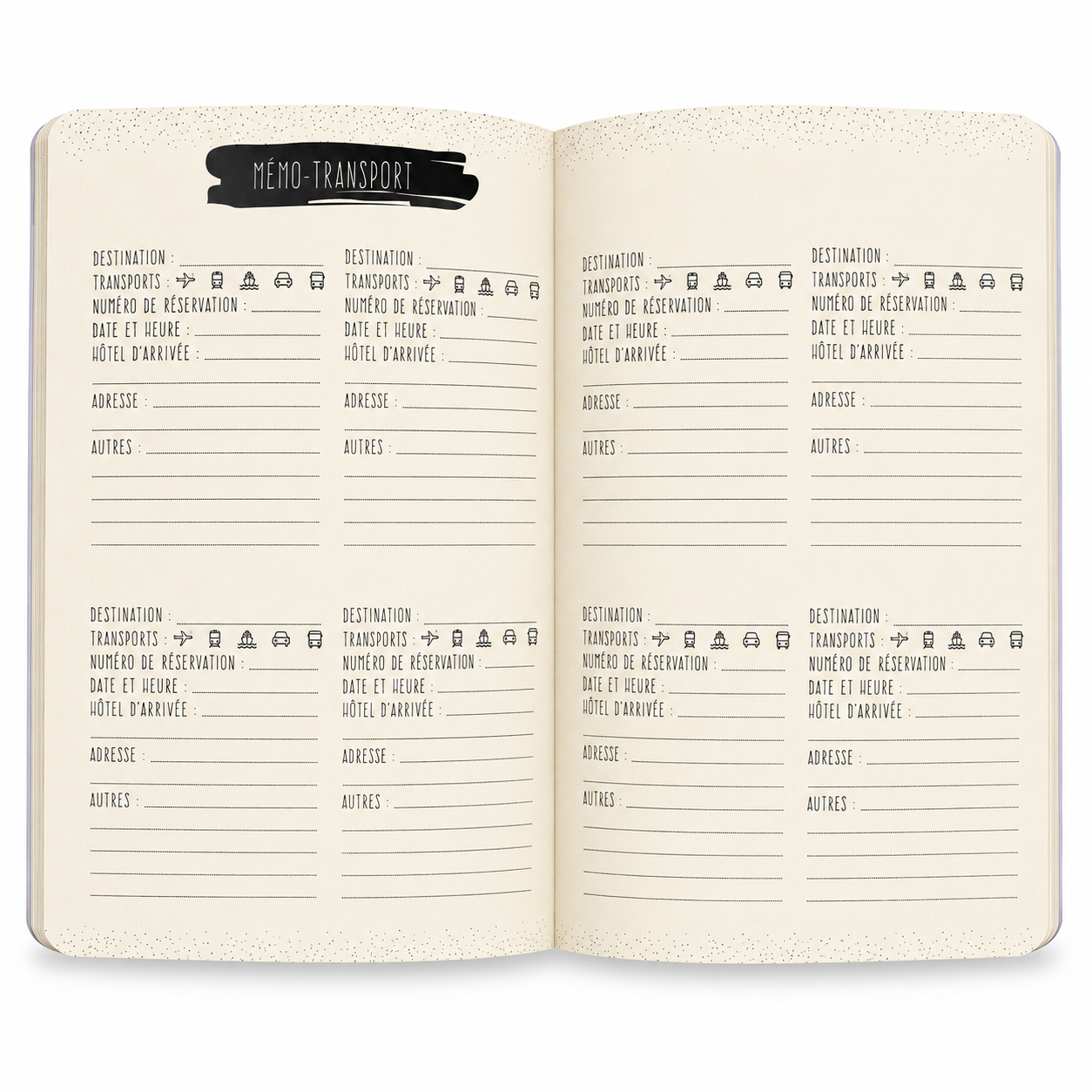 Pages intérieures du carnet de voyage pour écrire ses récits et expériences