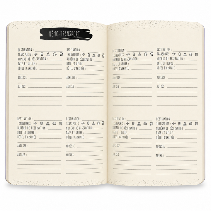 Pages intérieures du carnet de voyage pour écrire ses récits et expériences
