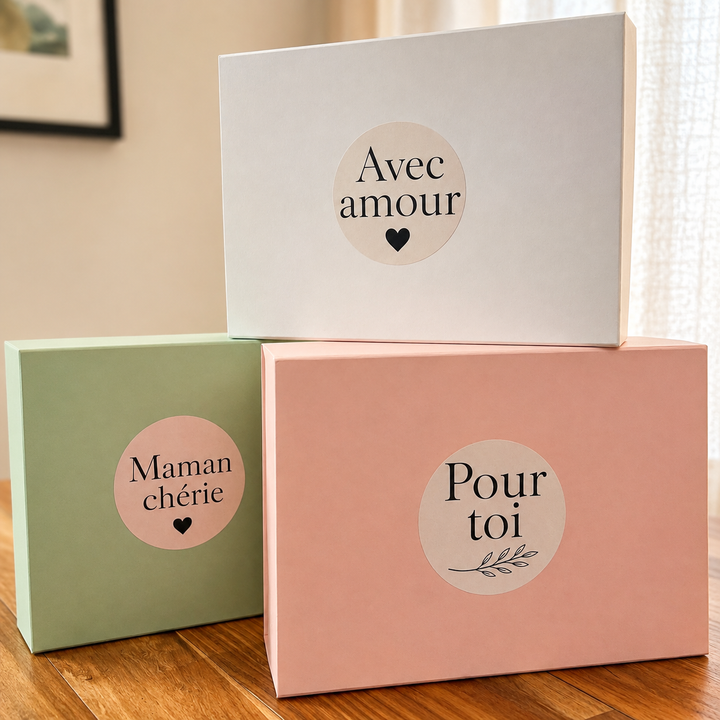 Coffrets cadeaux personnalisables pastel avec messages Avec amour, Maman chérie et Pour toi