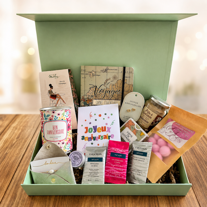 Coffret cadeau anniversaire avec gourmandises et petites attentions pour faire plaisir