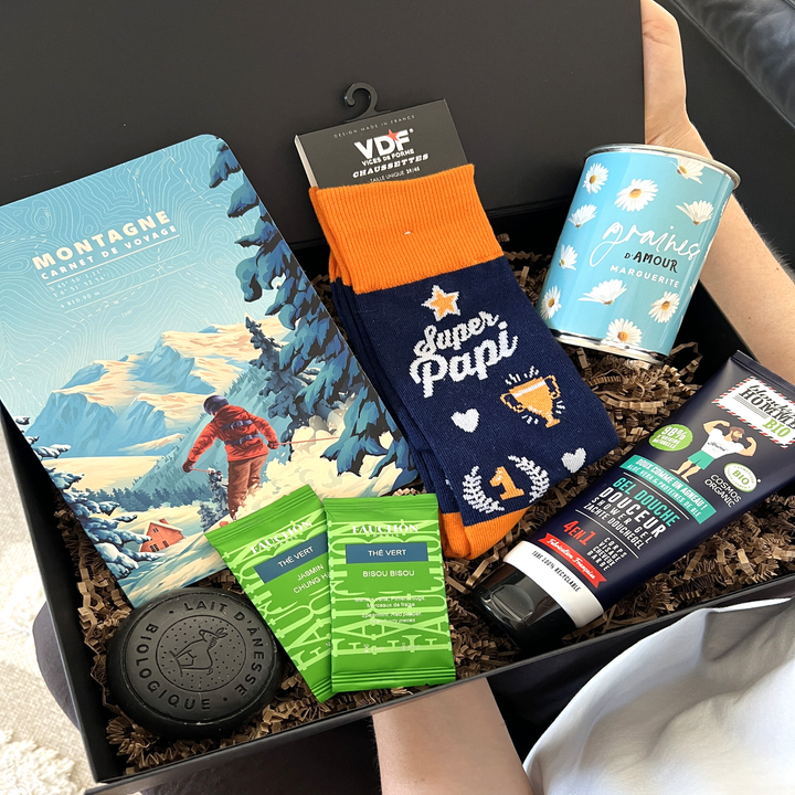 Coffret cadeau fête des grands-pères avec gourmandises et petites attentions pour papy