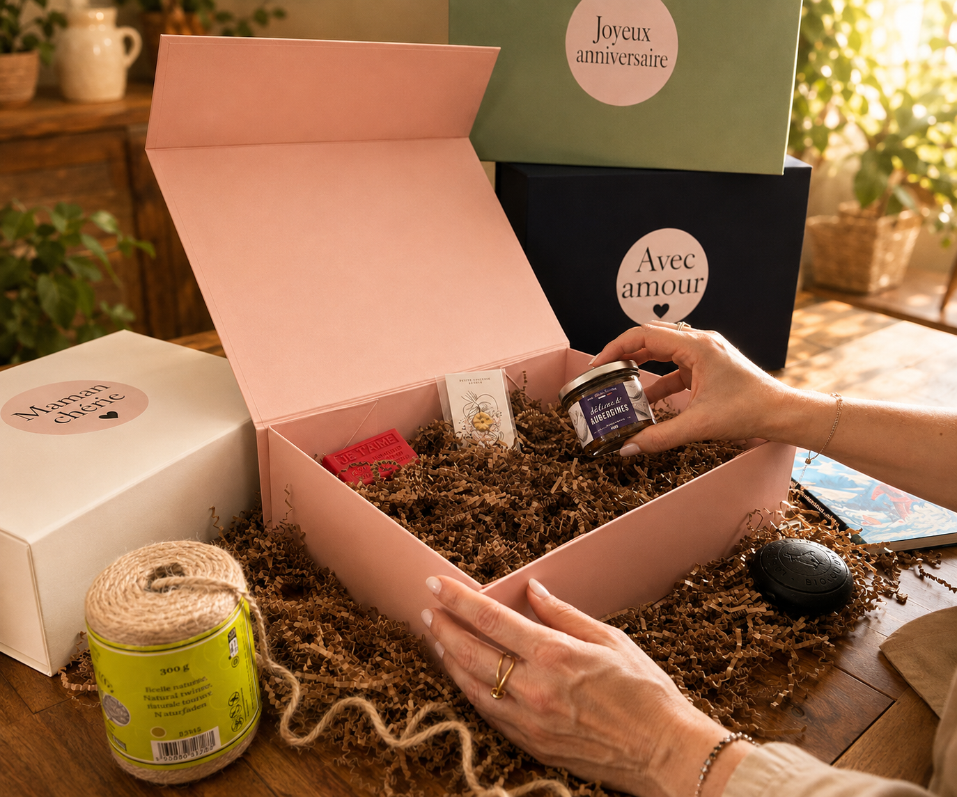 Préparation artisanale d’un coffret cadeau personnalisé dans un atelier, avec boîte rose, produits sélectionnés et emballage soigné.
