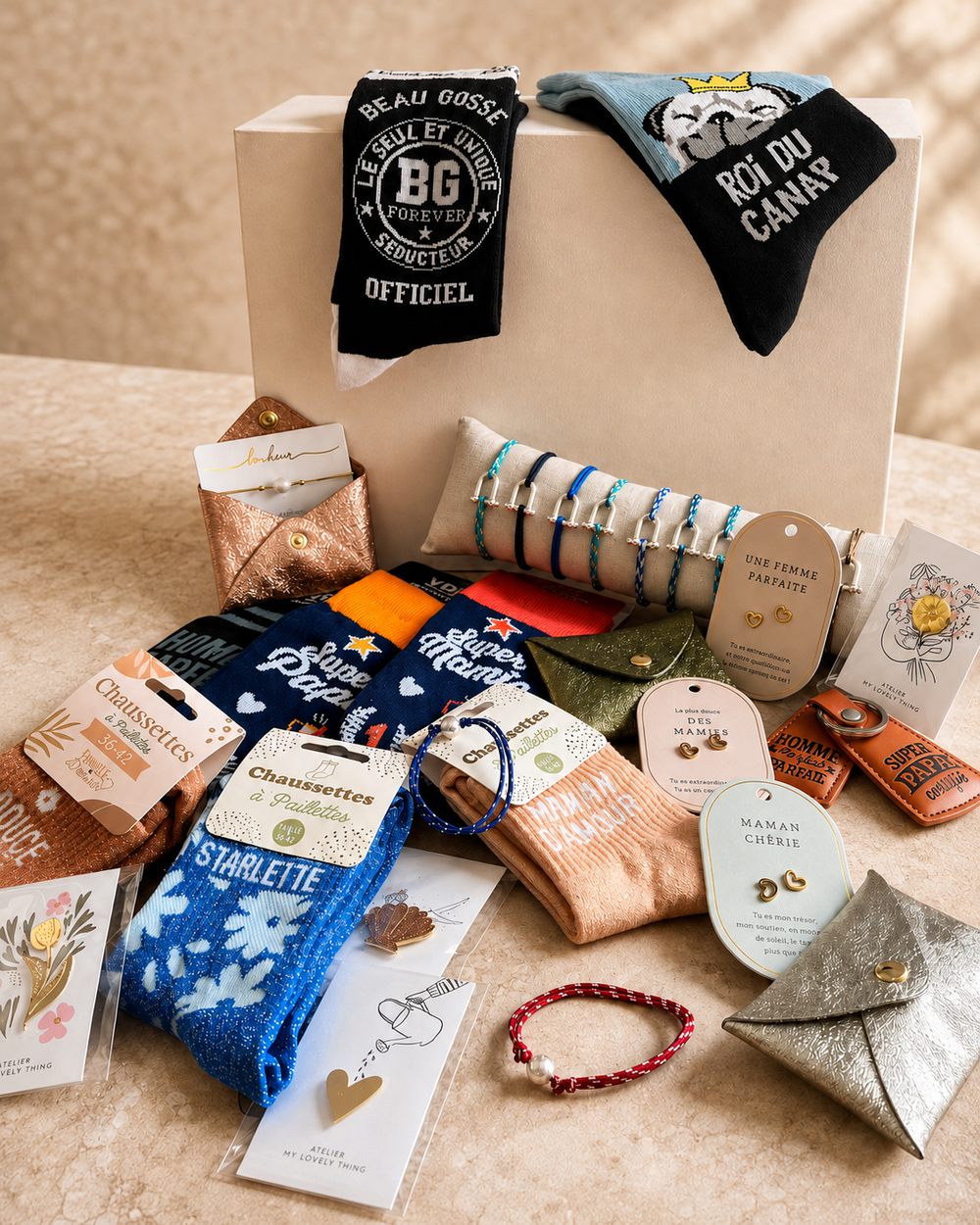 ALT : Sélection d’accessoires cadeaux pour femme et homme avec chaussettes, bracelets, bijoux et petites attentions, présentée dans un univers élégant.
