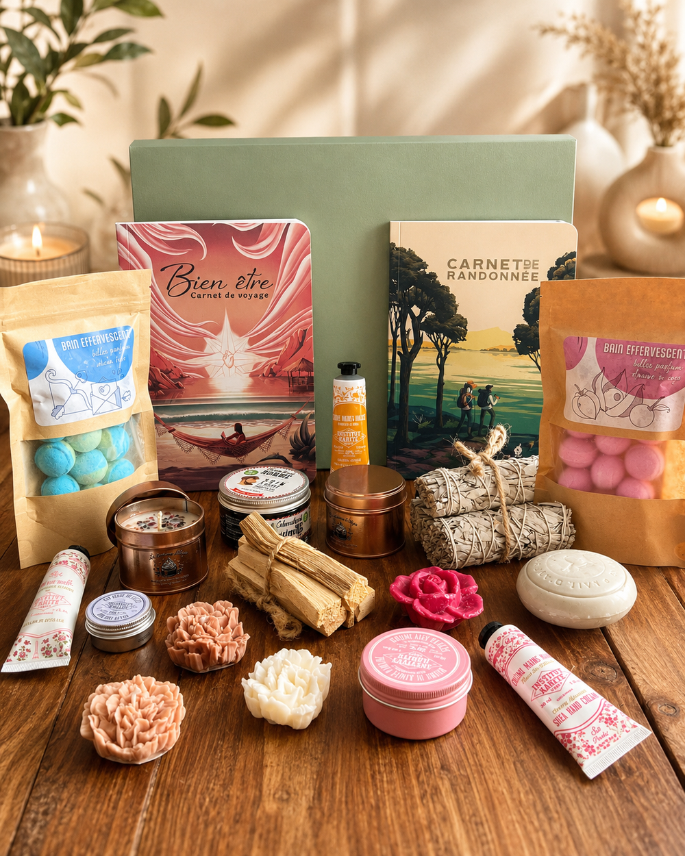 Coffret cadeau bien-être à composer avec carnet bien-être, boules de bain, bougies, savons et soins, présenté dans une ambiance naturelle et apaisante.