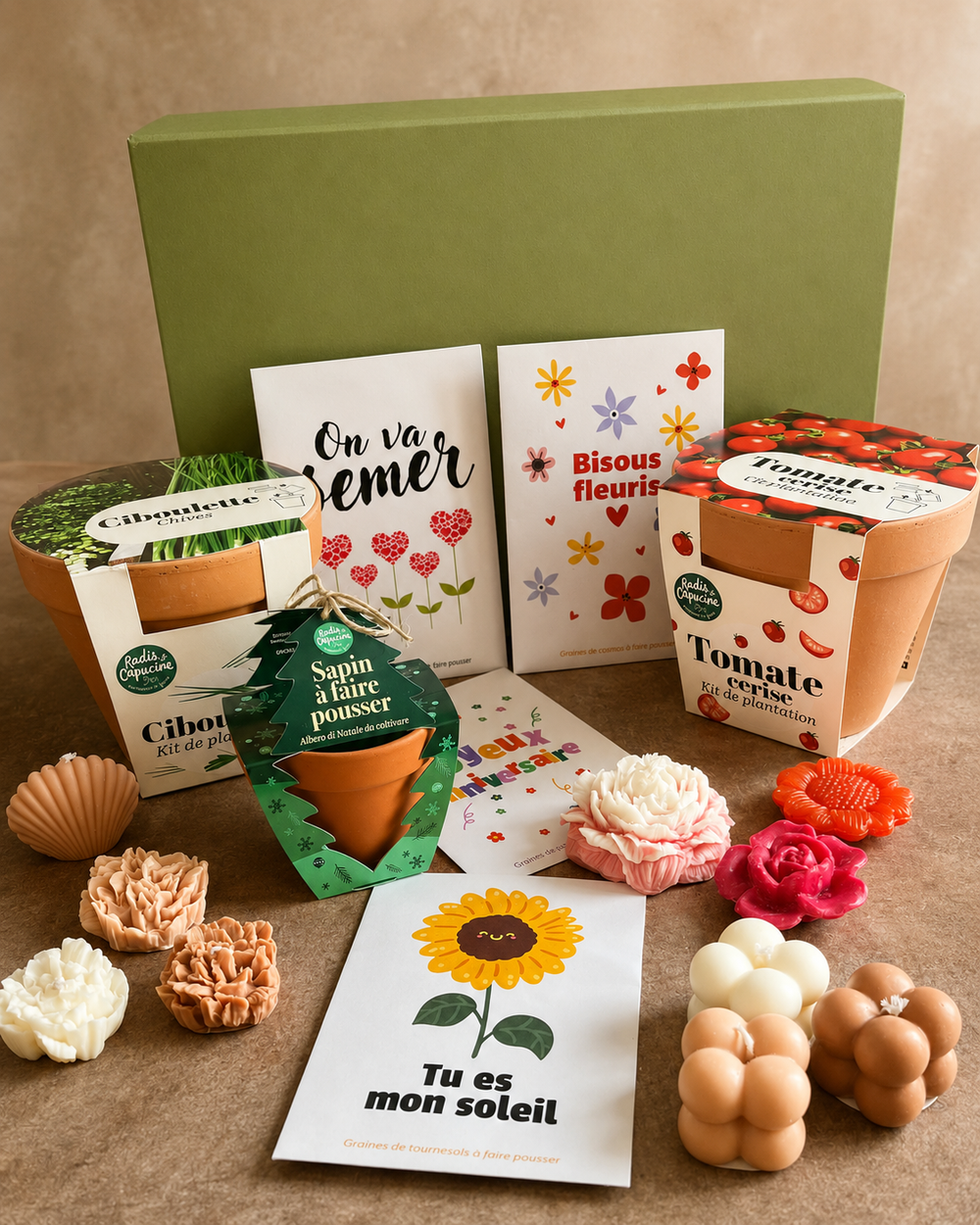Coffret cadeau décoration avec kits de plantation, cartes fleuries et bougies décoratives, présenté sur une table marron devant un coffret vert.
