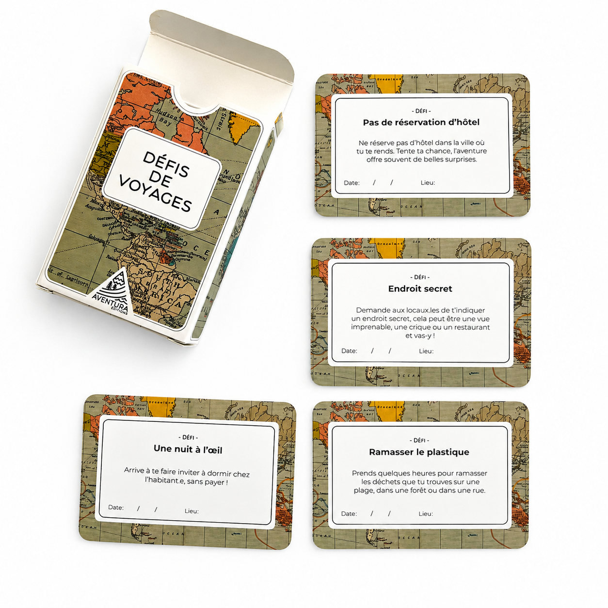 Boîte du jeu de cartes Voyages au design inspiré de l’évasion et de l’aventure