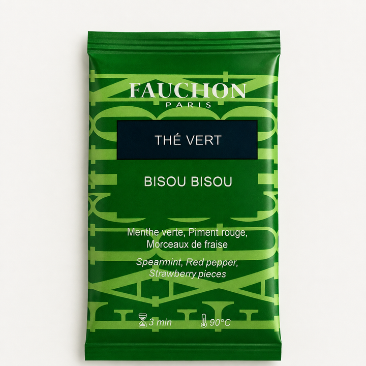 Sachet de thé vert Bisou Bisou à la menthe verte, au piment rouge et aux morceaux de fraise