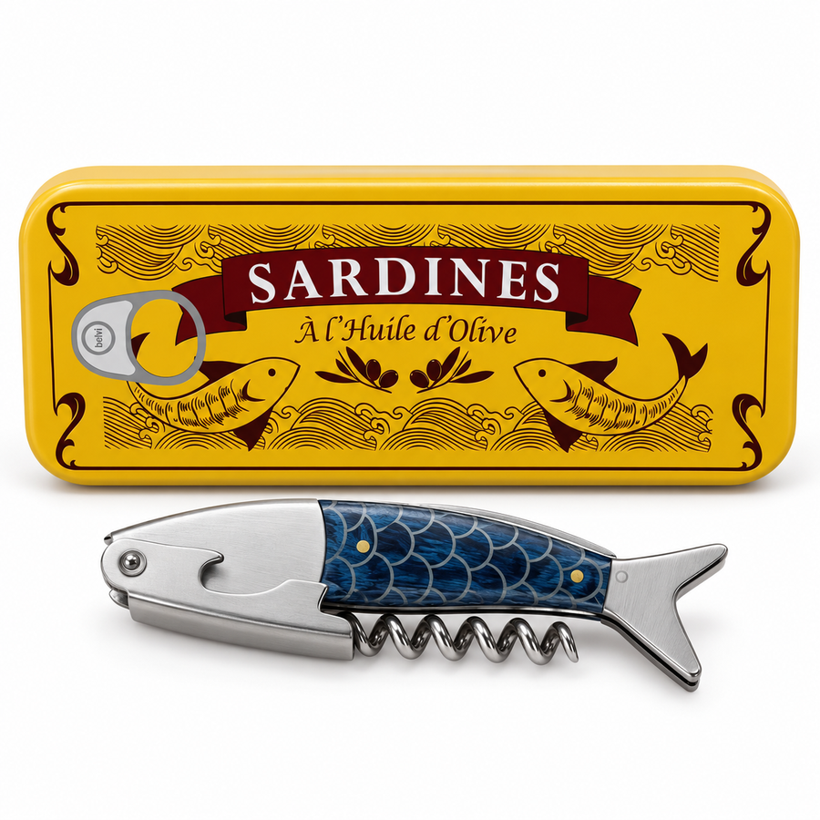 Tire-bouchon sardine en acier et bois avec boîte métallique rétro