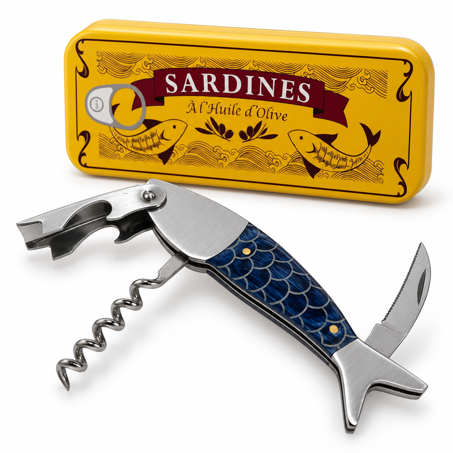 Tire-bouchon original en forme de sardine avec boîte en métal